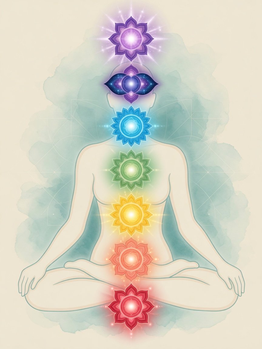 Seven traditional chakra energy centres illustration