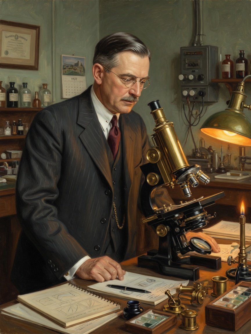 Artistic period-style portrait of a laboratory scientist beside a complex microscope