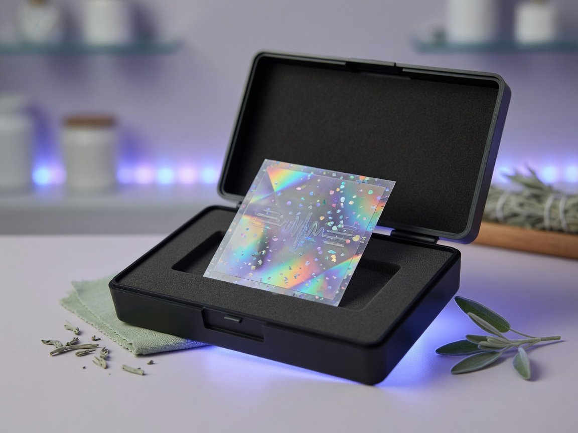 Close-up of holographic sticker placed inside an open Spooky2 remote sample well