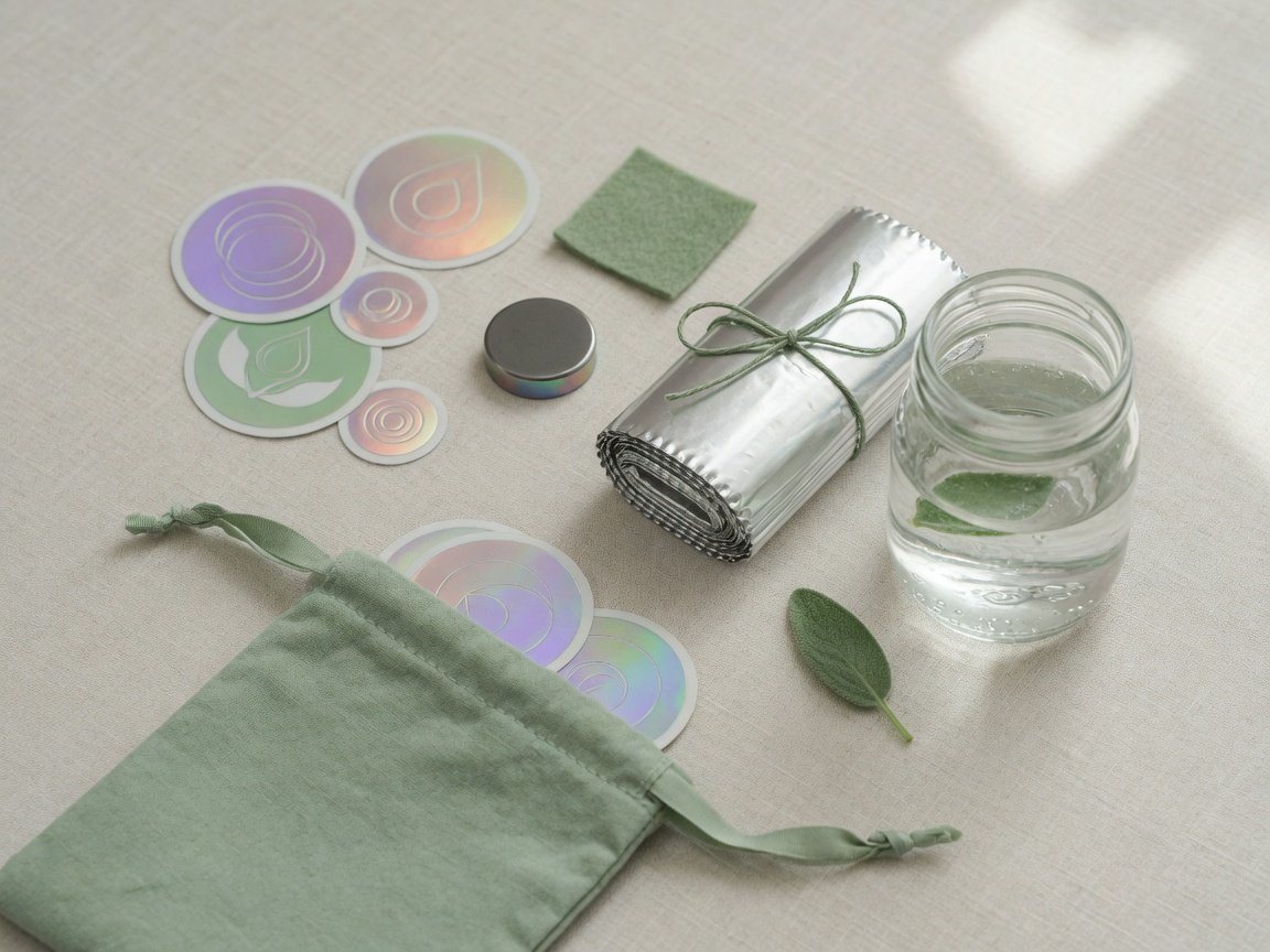 Holographic stickers with magnet for clearing, foil wraps for storage, water jar and cotton pouch on linen